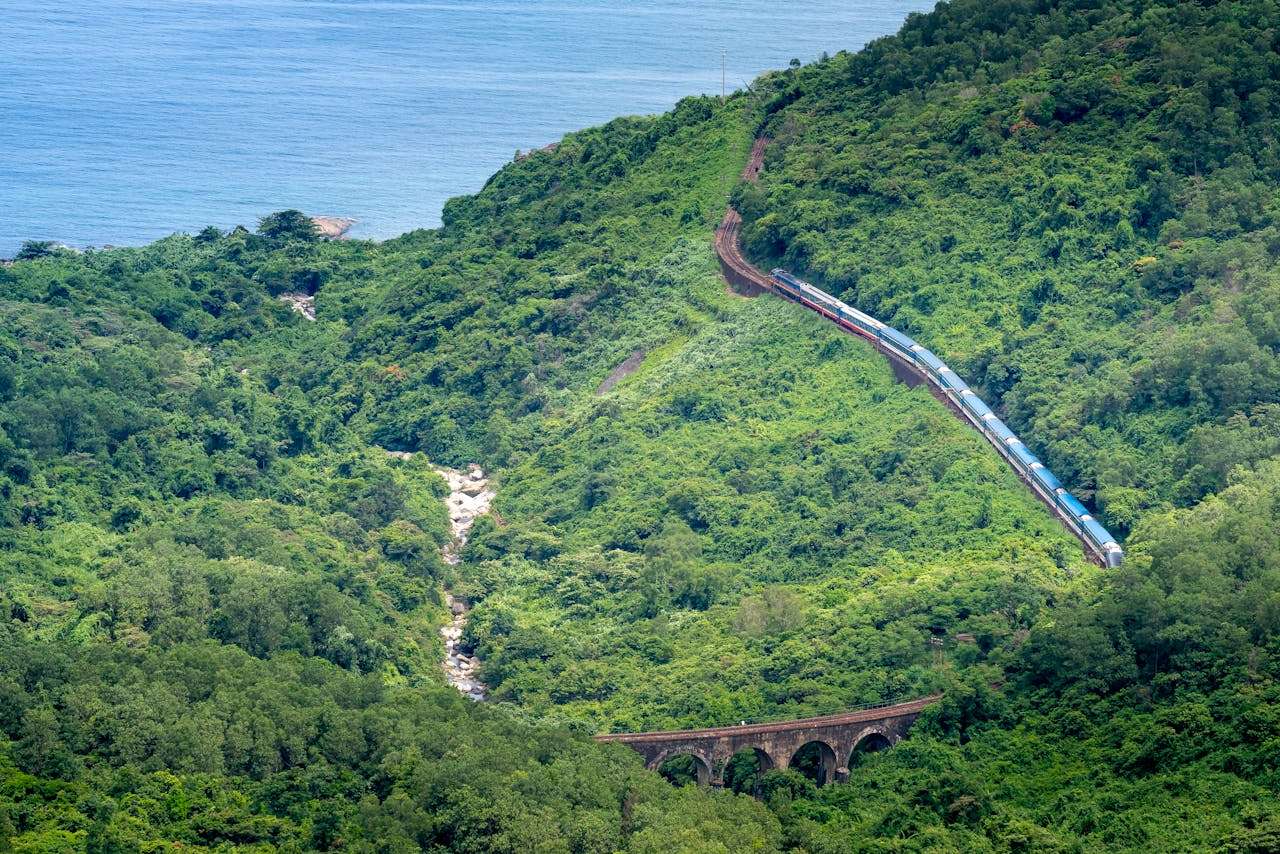 A train travels through vibrant green mountains alongside a coastal view.